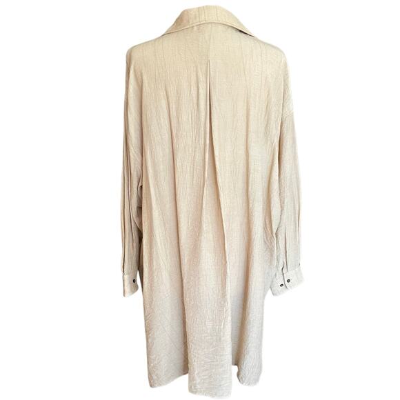 J. Roberts Tan Crinkle Popover Shirt Dress Sz Medium Minimalist Neutral Casual - Picture 2 of 11